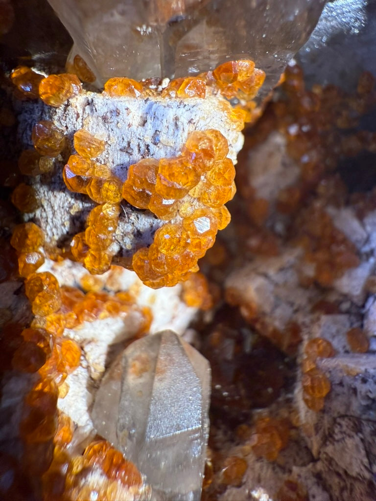 Natural Spessartine Garnet crystals with Quartz on matrix, orange-red garnet cluster mineral specimen from China