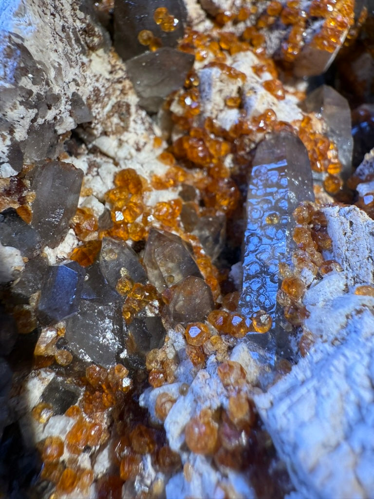 Natural Spessartine Garnet crystals with Quartz on matrix, orange-red garnet cluster mineral specimen from China