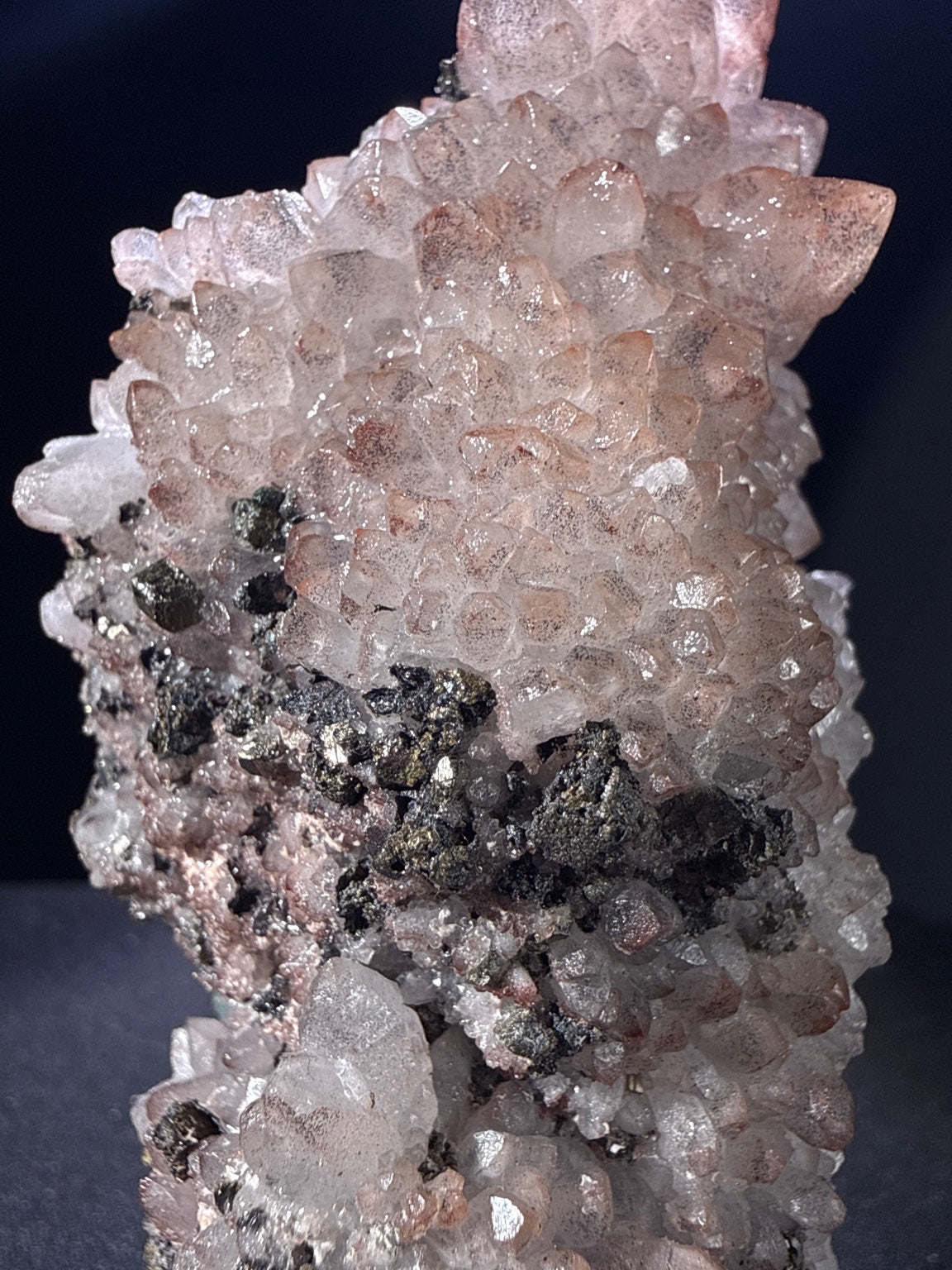 Quartz with Chalcopyrite and Pyrite specimen from huya, jiangxi — colorless to white, vitreous luster, transparent to translucent (11×4.5×5 cm), additional angle view — QUA-0024