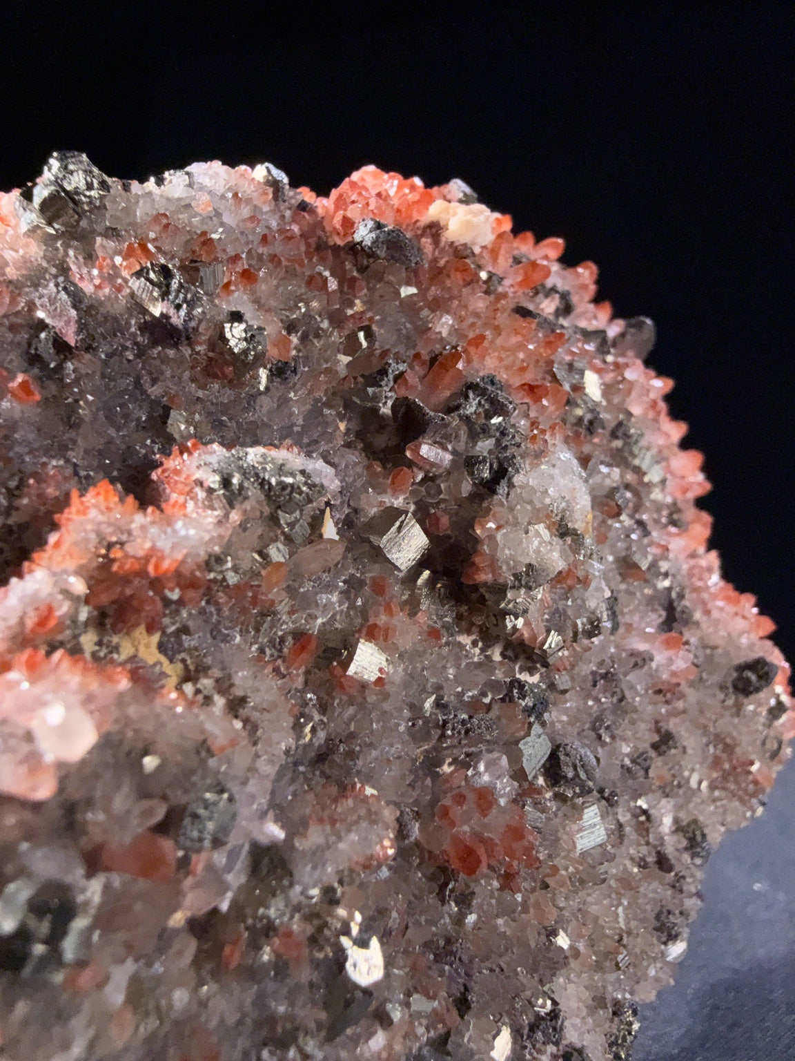 Hematite-included Quartz with Pyrite and Dolomite and Galena and Chalcopyrite specimen from huya, jiangxi — red with inclusions, vitreous luster, transparent to translucent (8.5×3.5×6.2 cm), additional angle view — HEM-0023