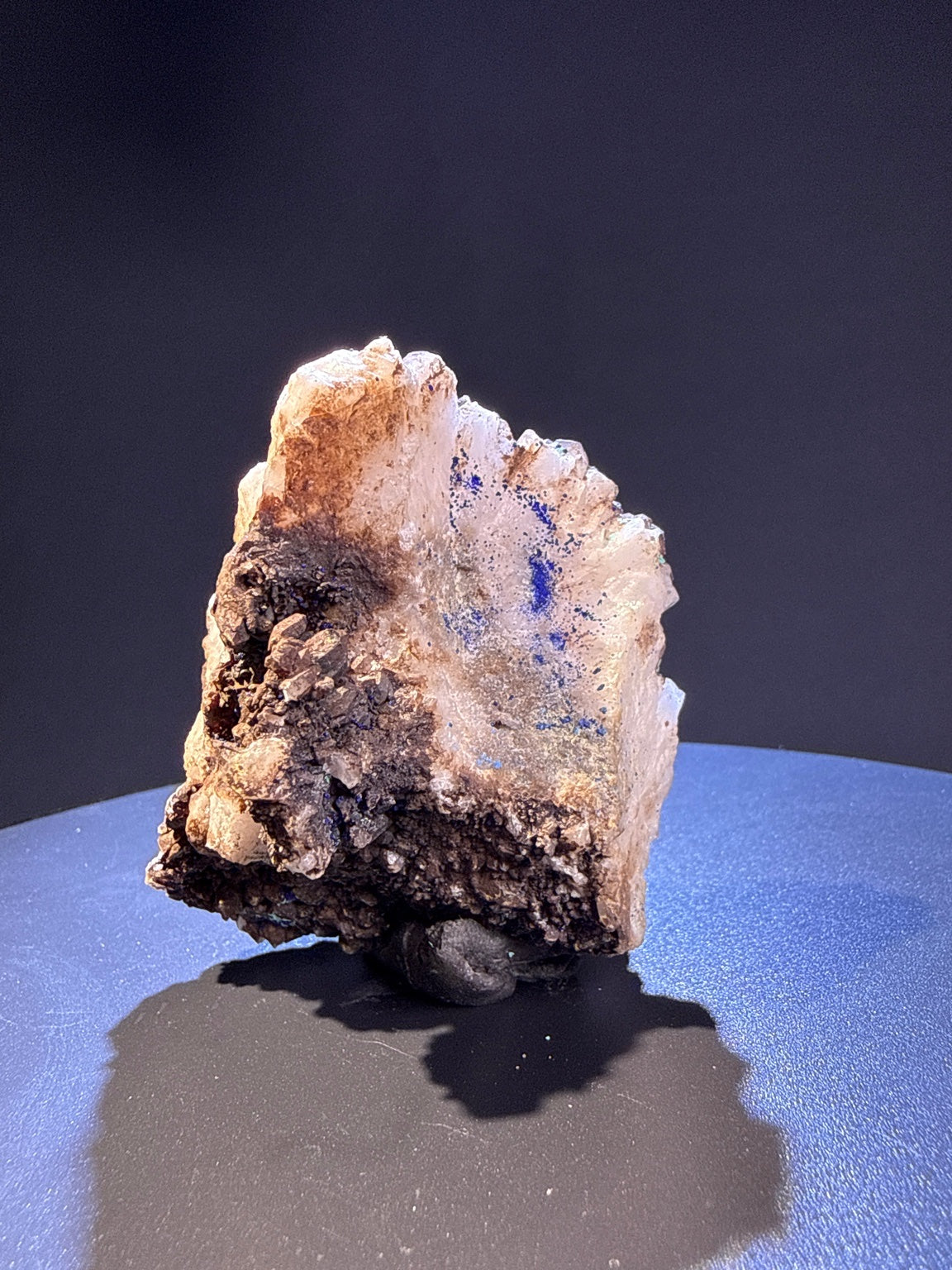 Olivenite with azurite and Quartz specimen from Dongchuan, Yunnan — olive-green olivenite with deep blue azurite on colorless quartz, vitreous to subadamantine (olivenite), vitreous (quartz), earthy (azurite) luster, olivenite: translucent; azurite: opaque to translucent microcrystalline; quartz: transparent (5.1×4.5×6.5 cm), additional angle view — OLI-0037