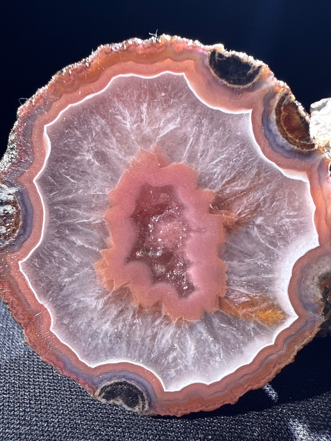 Zhanguo Agate specimen from Xuanhua, Zhangjiakou — rose pink and white banded agate, waxy vitreous luster, translucent (4.6×4.4×4.0 cm), close-up detail of crystal structure — ZHA-0035