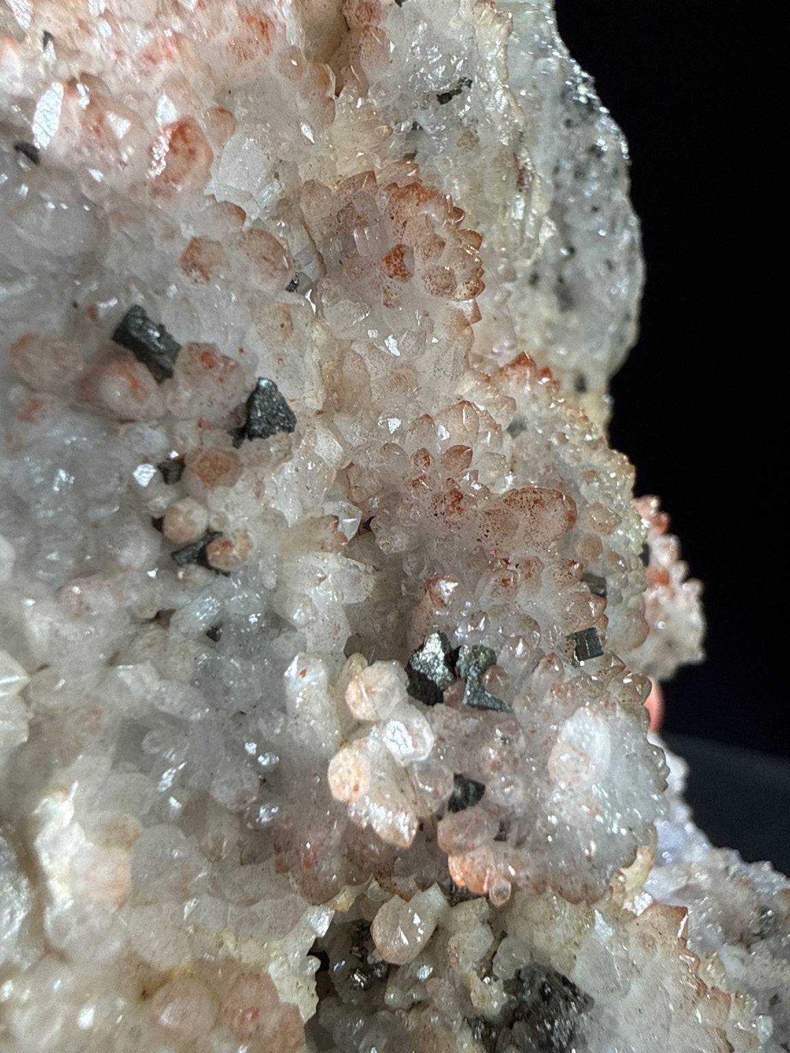 Quartz (Hematite-included) with Pyrite and Chalcopyrite specimen from huya, jiangxi — clear with reddish hematite inclusions, vitreous luster, transparent to translucent (11.5×7.8×5 cm), close-up detail of crystal structure — QUA-0030
