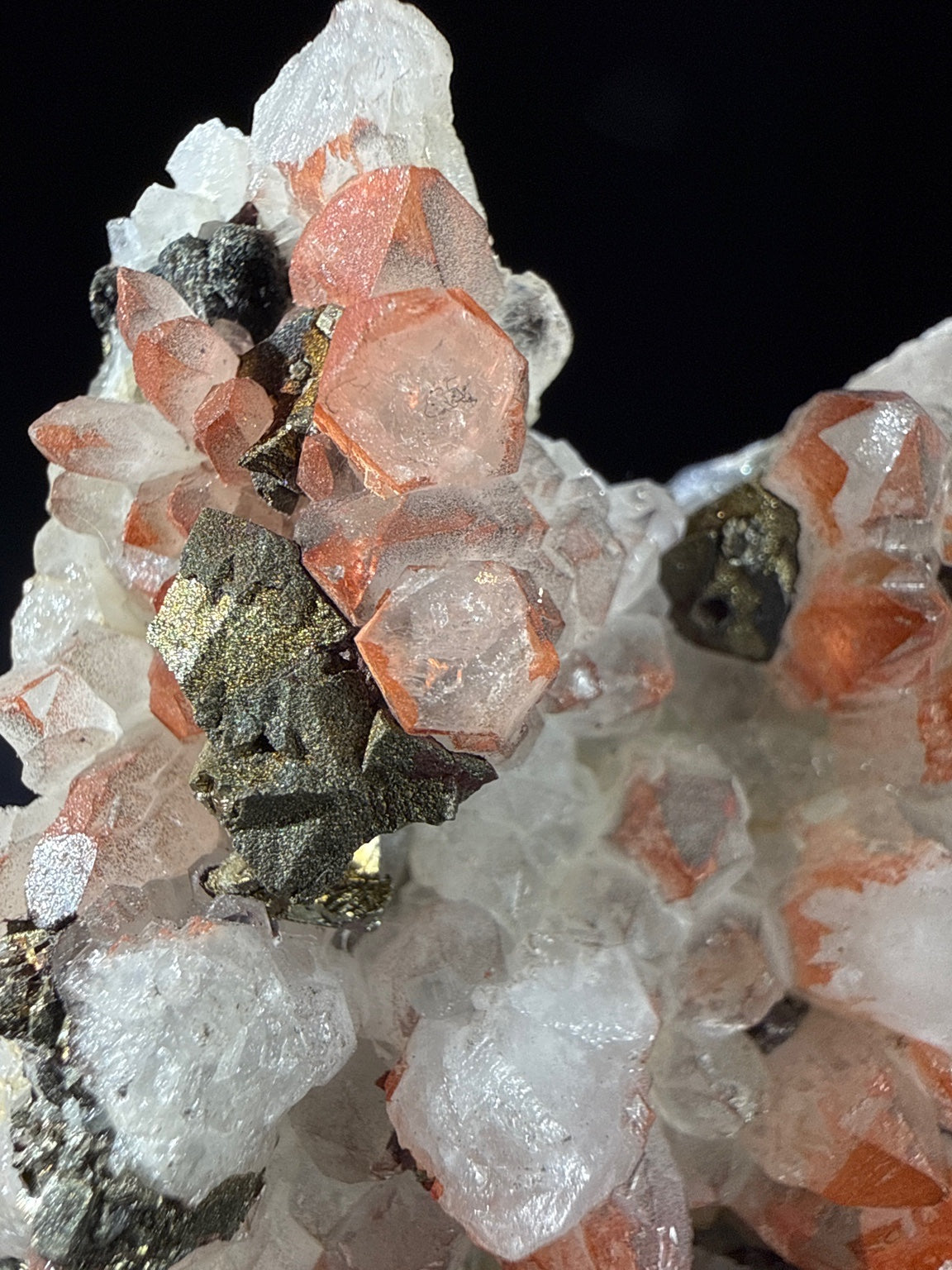 Quartz (Hematite-included) with Pyrite and Chalcopyrite specimen from huya, jiangxi — clear to white quartz with red hematite phantoms and brassy pyrite, vitreous (quartz), metallic (pyrite) luster, transparent to translucent (8.7×4×7.5 cm), close-up detail of crystal structure — QUA-0029
