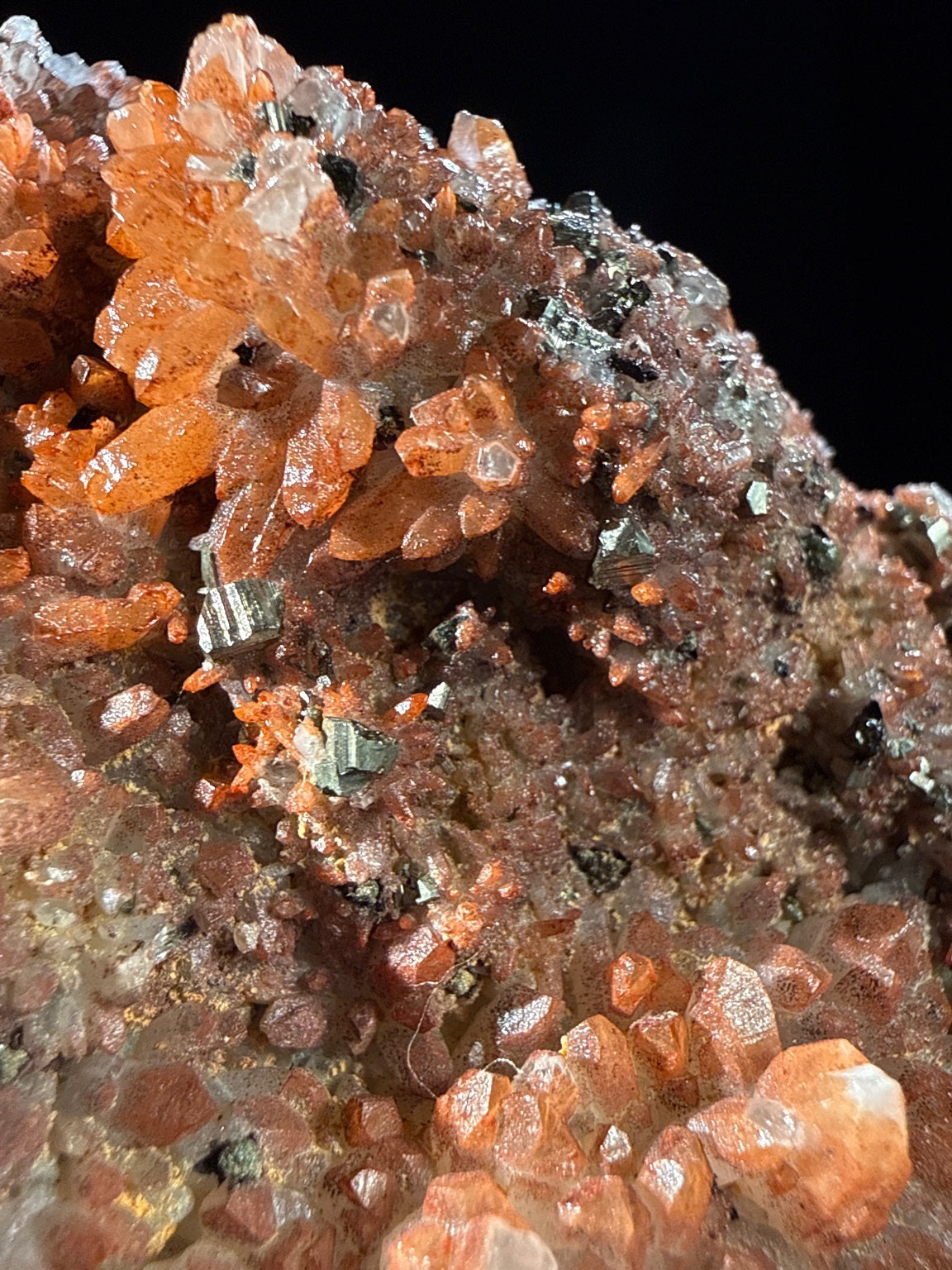 Hematite Quartz with Pyrite and Chalcopyrite specimen from huya, jiangxi — vivid orange-red hematite quartz with golden pyrite and minor chalcopyrite, vitreous (quartz), metallic (pyrite/chalcopyrite) luster, translucent to semi-transparent (quartz) (5.3×10.8×6.8 cm), close-up detail of crystal structure — HEM-0032
