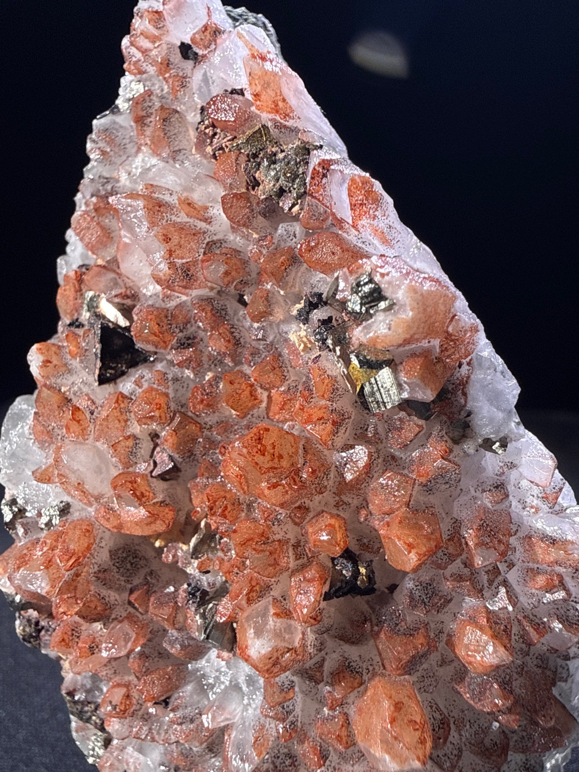 Hematite Quartz with Pyrite and Chalcopyrite specimen from huya, jiangxi — red to reddish-brown, vitreous to metallic luster, transparent to opaque (7.3×5×5.5 cm), close-up detail of crystal structure — HEM-0025