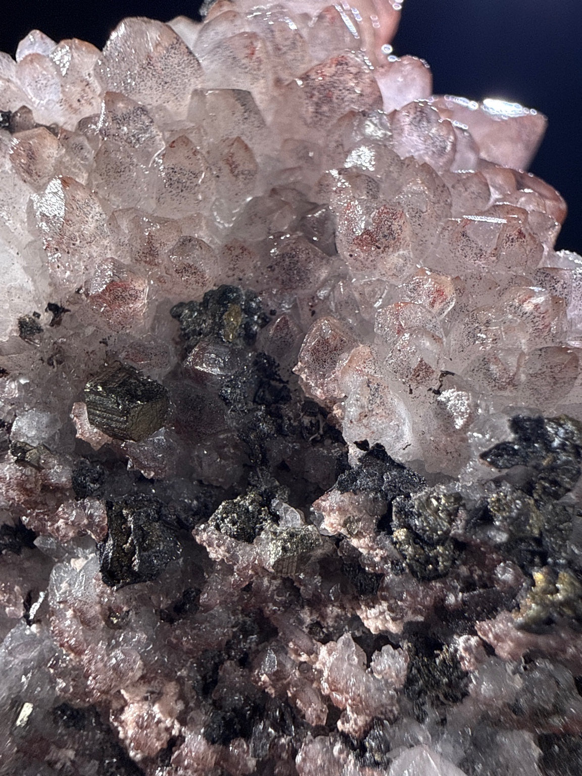 Quartz with Chalcopyrite and Pyrite specimen from huya, jiangxi — colorless to white, vitreous luster, transparent to translucent (11×4.5×5 cm), additional angle view — QUA-0024