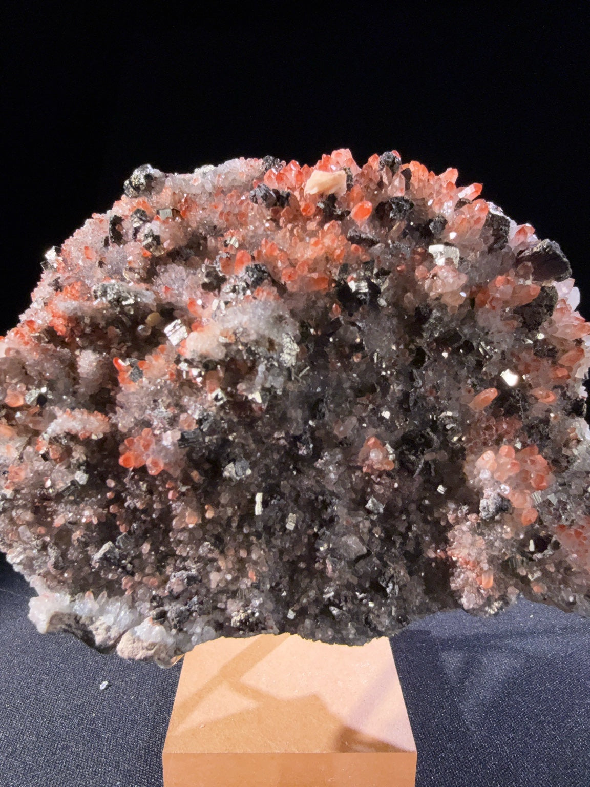 Hematite-included Quartz with Pyrite and Dolomite and Galena and Chalcopyrite specimen from huya, jiangxi — red with inclusions, vitreous luster, transparent to translucent (8.5×3.5×6.2 cm), additional angle view — HEM-0023