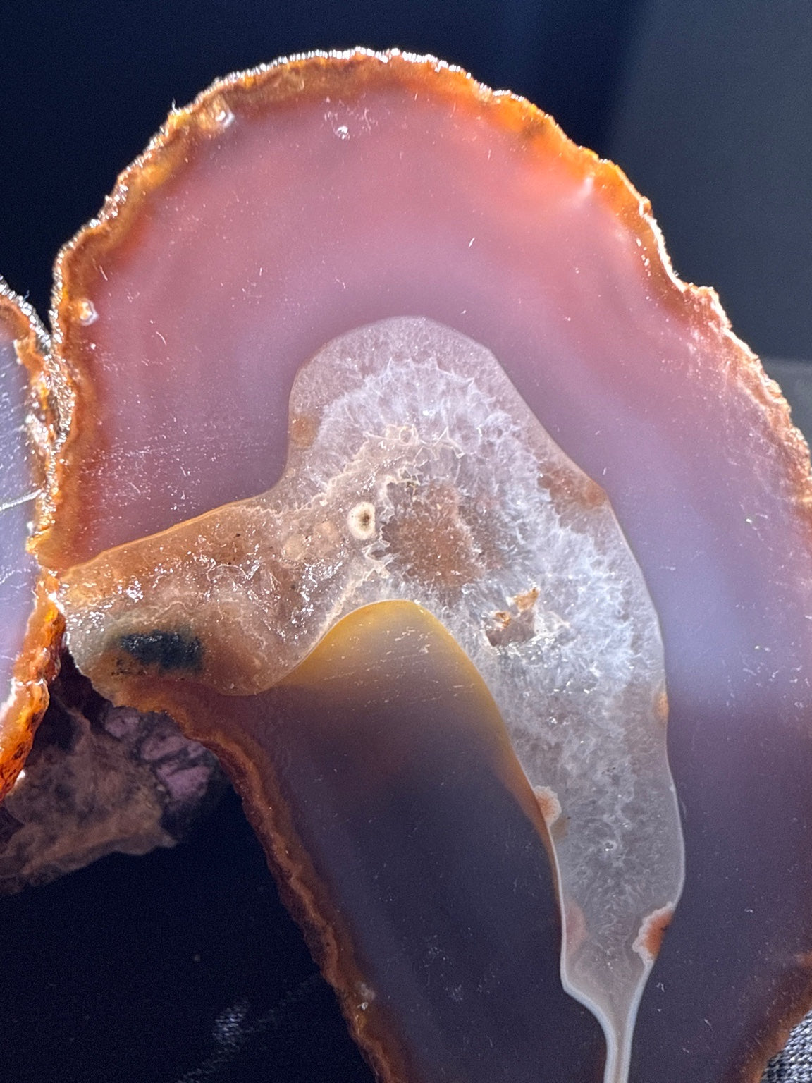 Zhanguo Agate specimen from Xuanhua, Zhangjiakou — purple-gray, orange-brown rimmed zhanguo agate with white banding, vitreous luster, translucent (7×4.3×3.85 cm), additional angle view — ZHA-0034