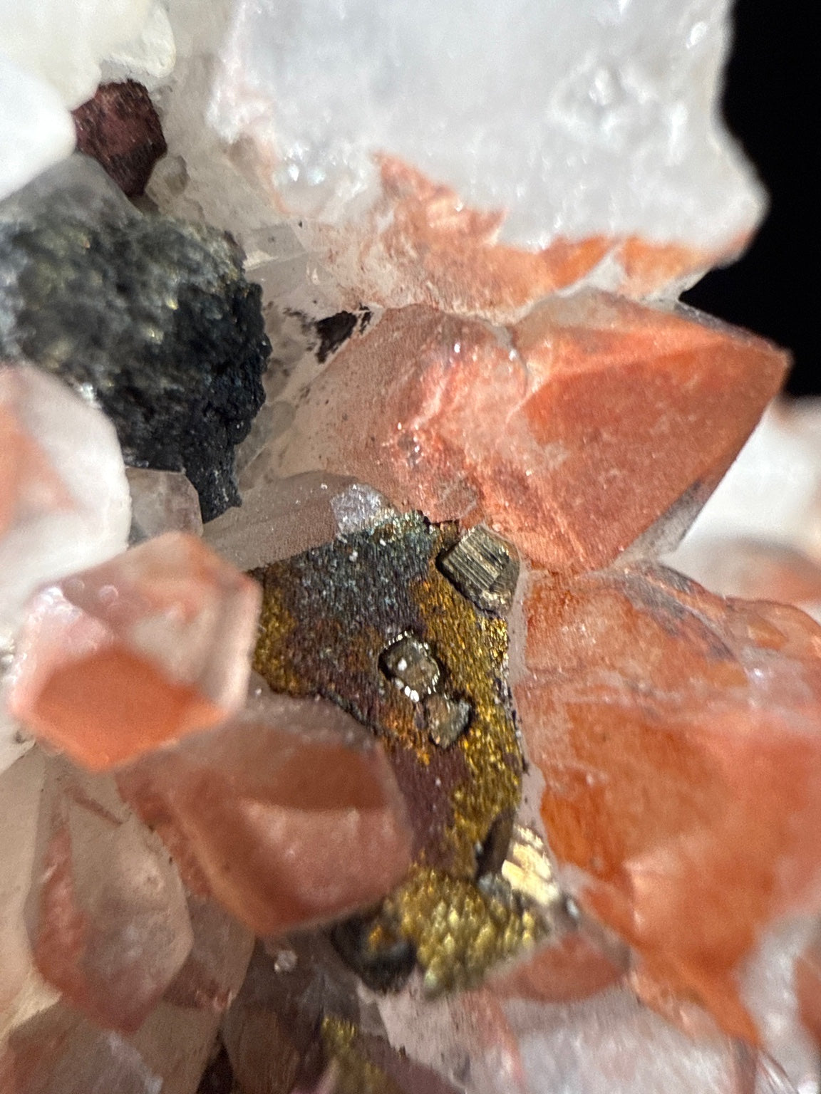 Quartz (Hematite-included) with Pyrite and Chalcopyrite specimen from huya, jiangxi — clear to white quartz with red hematite phantoms and brassy pyrite, vitreous (quartz), metallic (pyrite) luster, transparent to translucent (8.7×4×7.5 cm), additional angle view — QUA-0029