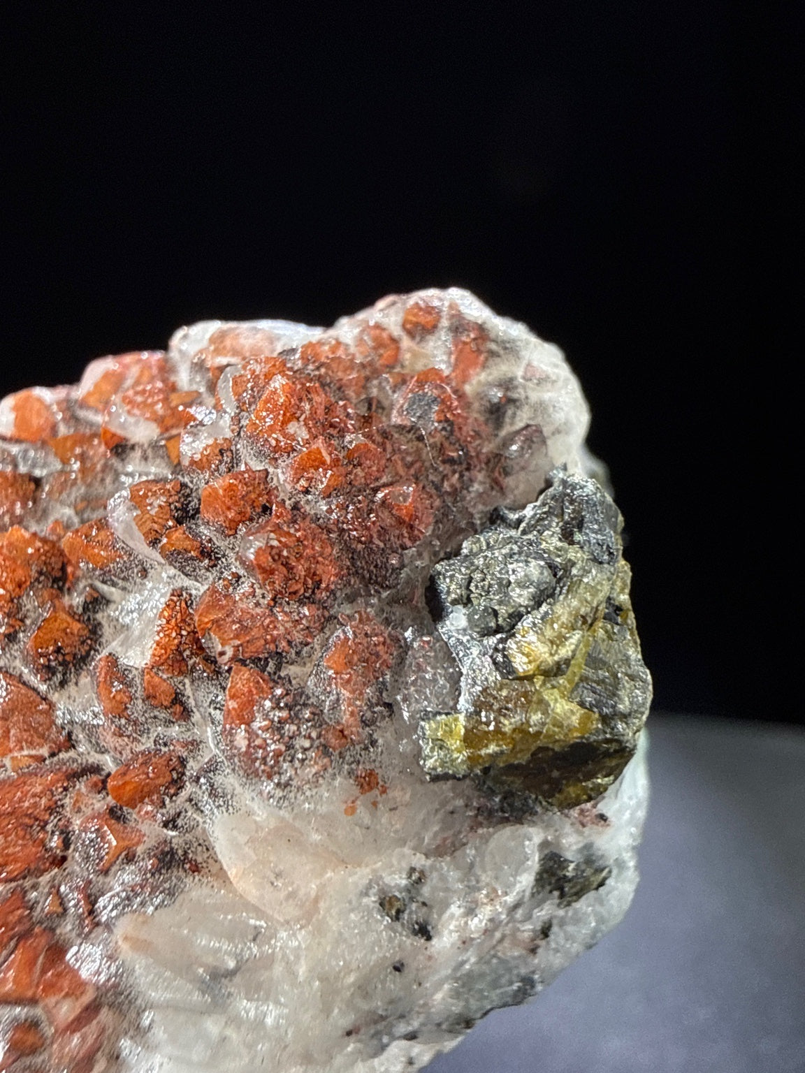 Hematite Quartz with Pyrite and Chalcopyrite specimen from huya, jiangxi — deep red-orange hematite quartz with metallic pyrite accent, vitreous (quartz), metallic (pyrite) luster, translucent to transparent (quartz), opaque (pyrite) (4.4×5..1×11 cm), additional angle view — HEM-0031