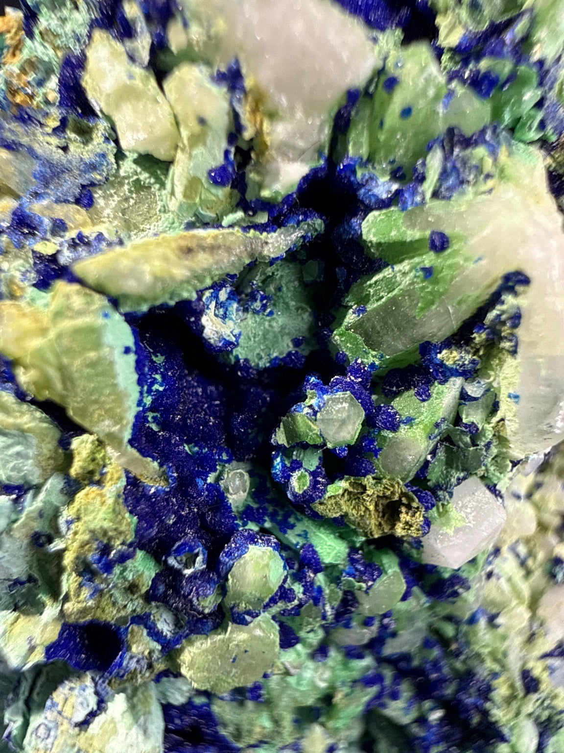 Olivenite with azurite and Quartz specimen from Dongchuan, Yunnan — olive-green olivenite with blue azurite and clear quartz, vitreous to subadamantine luster, translucent to opaque (5.5×3.5×5.0 cm), additional angle view — OLI-0038