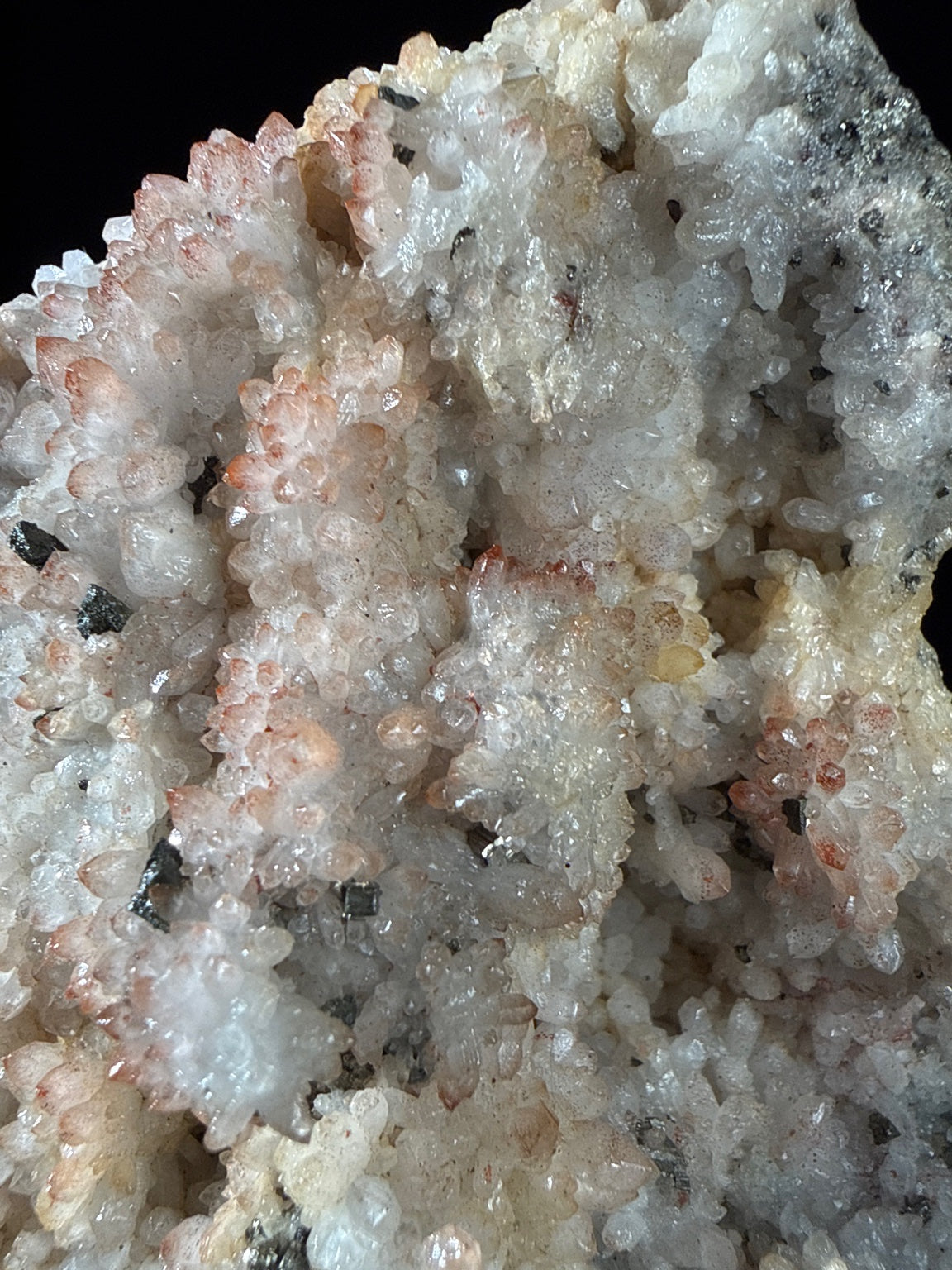 Quartz (Hematite-included) with Pyrite and Chalcopyrite specimen from huya, jiangxi — clear with reddish hematite inclusions, vitreous luster, transparent to translucent (11.5×7.8×5 cm), additional angle view — QUA-0030