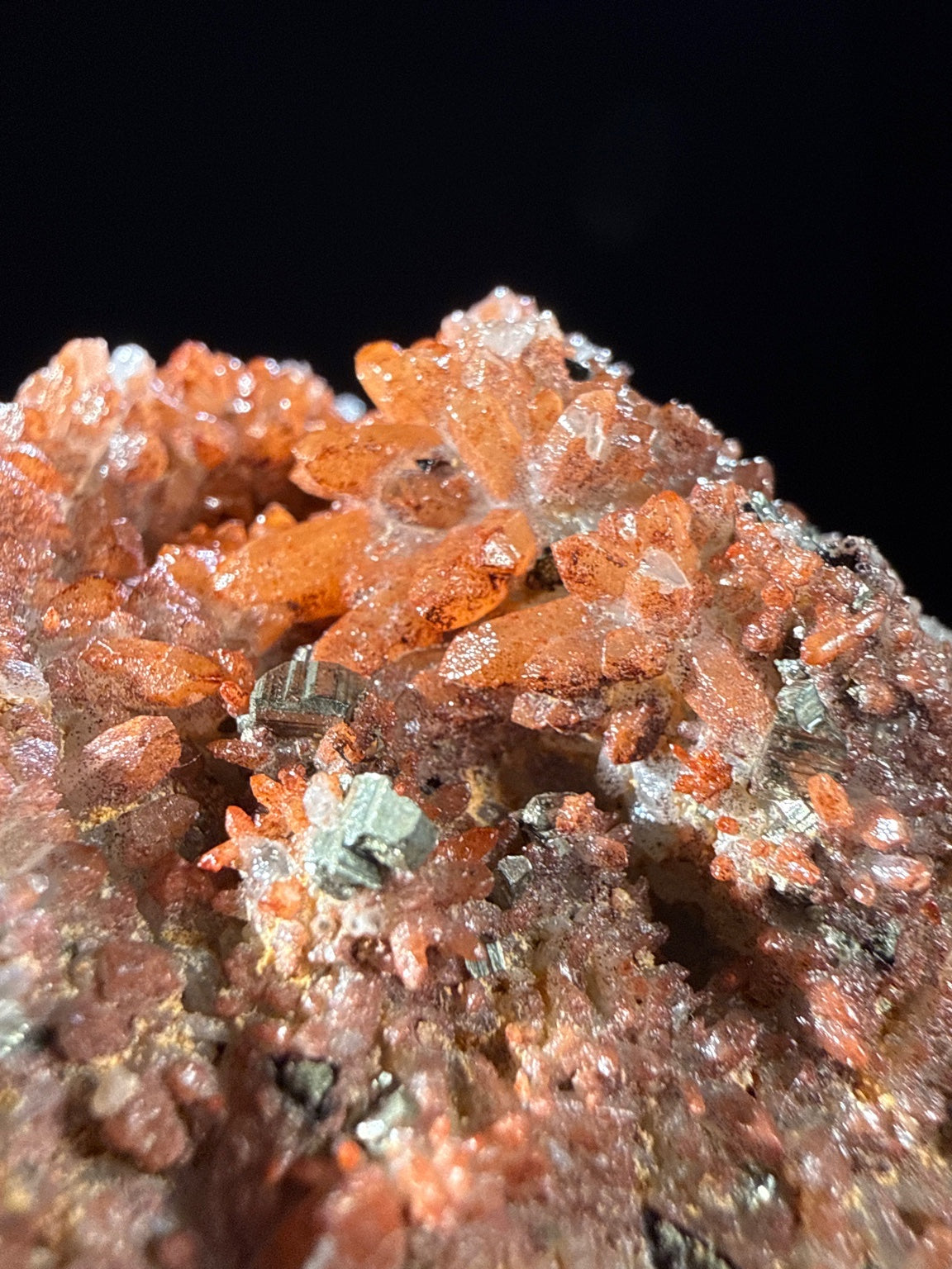 Hematite Quartz with Pyrite and Chalcopyrite specimen from huya, jiangxi — vivid orange-red hematite quartz with golden pyrite and minor chalcopyrite, vitreous (quartz), metallic (pyrite/chalcopyrite) luster, translucent to semi-transparent (quartz) (5.3×10.8×6.8 cm), additional angle view — HEM-0032