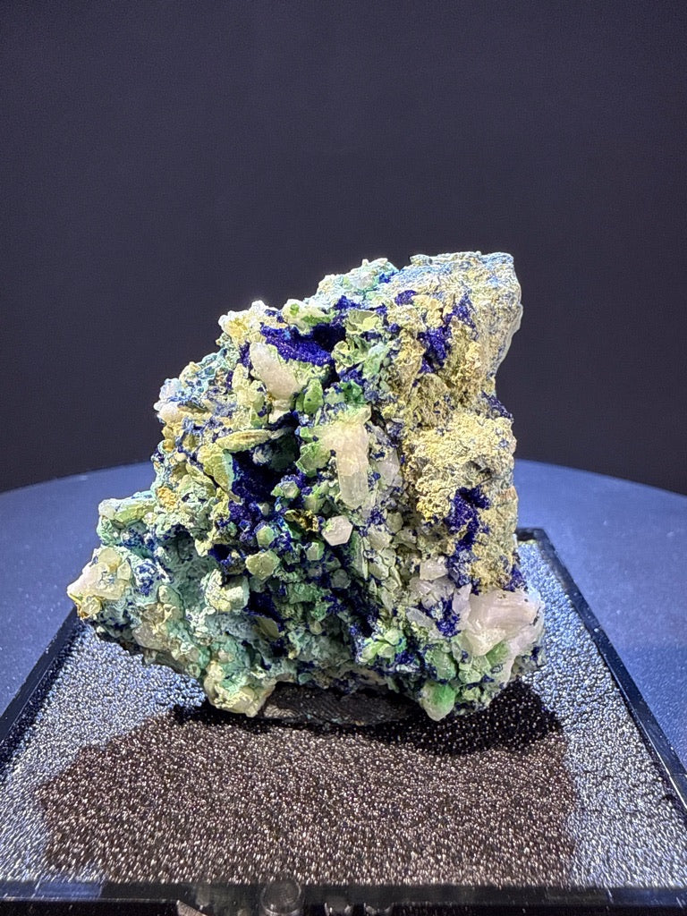 Olivenite with azurite and Quartz specimen from Dongchuan, Yunnan — olive-green olivenite with blue azurite and clear quartz, vitreous to subadamantine luster, translucent to opaque (5.5×3.5×5.0 cm) — OLI-0038