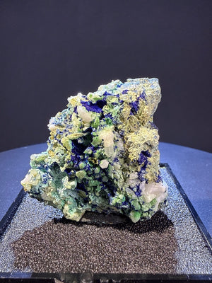Olivenite with azurite and Quartz specimen from Dongchuan, Yunnan — olive-green olivenite with blue azurite and clear quartz, vitreous to subadamantine luster, translucent to opaque (5.5×3.5×5.0 cm) — OLI-0038