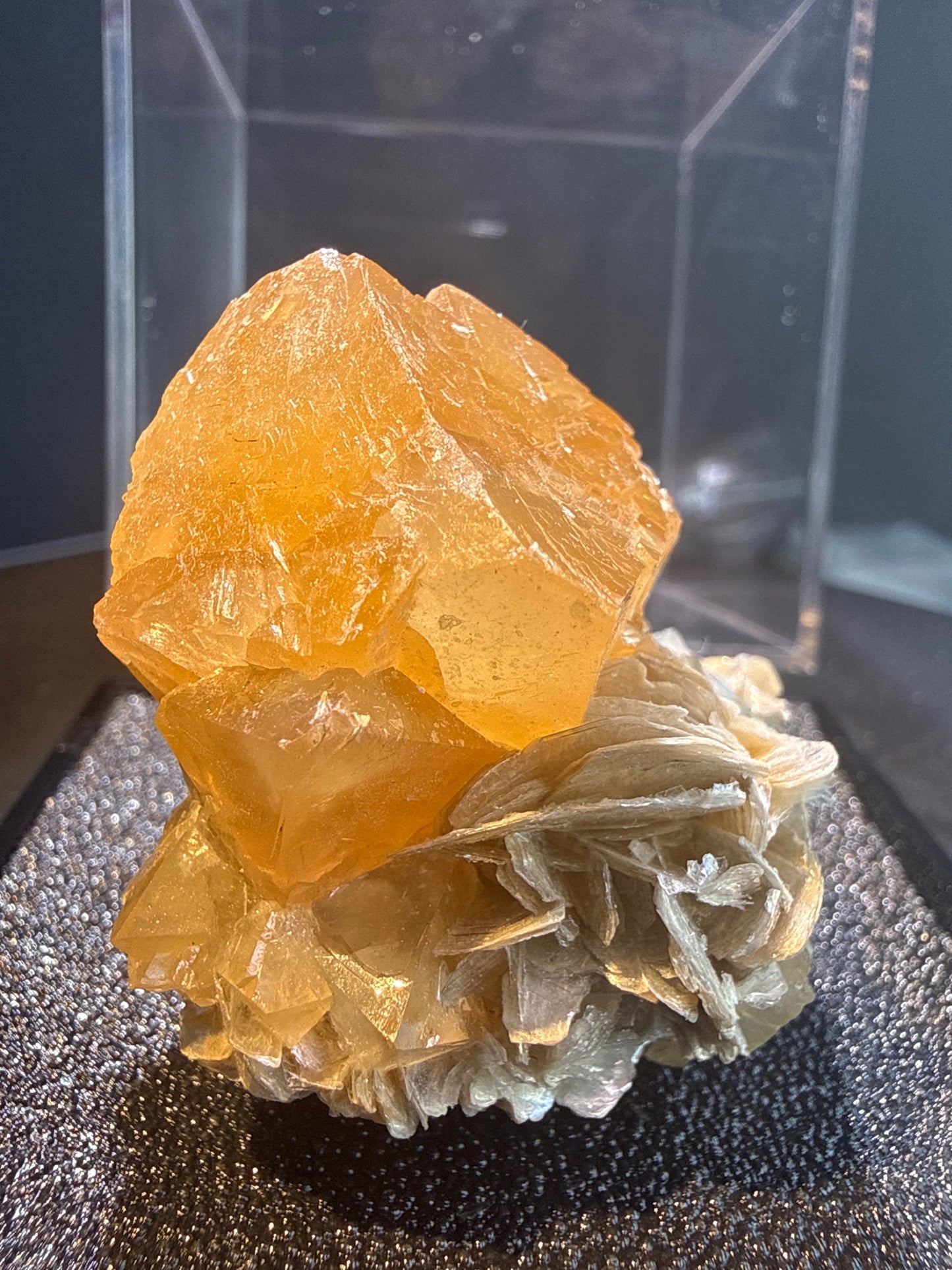 Scheelite with Muscovite specimen from Xuebaoding, Sichuan — fiery orange scheelite on silvery muscovite, vitreous to resinous (scheelite), pearly (muscovite) luster, translucent to transparent (scheelite), transparent on edges (muscovite) (4×4×5 cm) — SCH-0042