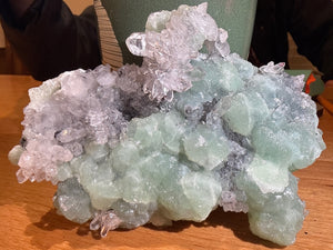 Prehnite with Quartz specimen from meigu, sichuan — apple-green prehnite with clear quartz points, vitreous to pearly (prehnite), vitreous (quartz) luster, translucent (prehnite), transparent (quartz) (12×5×6 cm) — PRE-0053