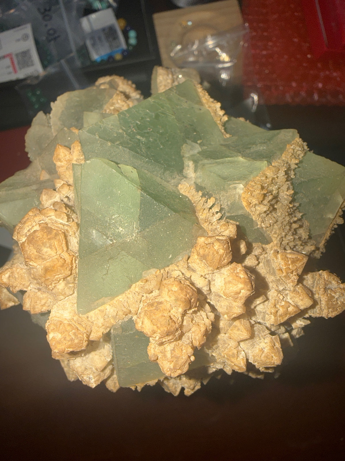 Fluorite with Barite specimen from Suichang, Zhejiang  — pale green fluorite with honey-brown barite, vitreous (fluorite), sub-vitreous to pearly (barite) luster, translucent (fluorite), opaque to translucent (barite) (25×8×5 cm) — FLU-0057
