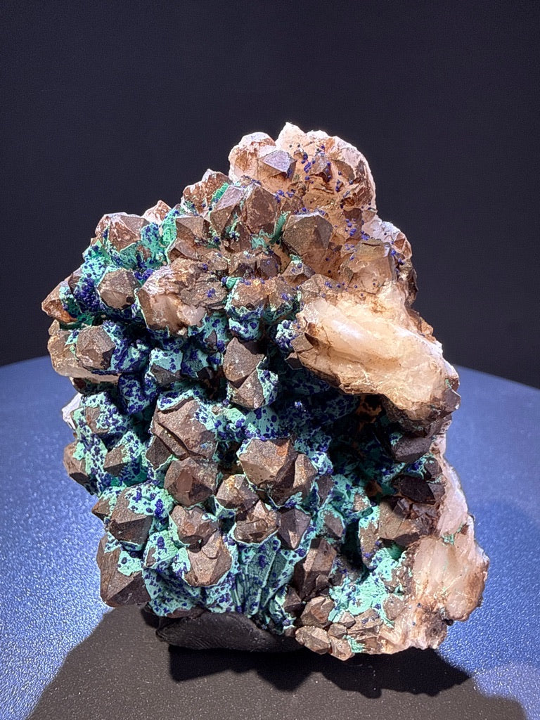 Olivenite with azurite and Quartz specimen from Dongchuan, Yunnan — olive-green olivenite with deep blue azurite on colorless quartz, vitreous to subadamantine (olivenite), vitreous (quartz), earthy (azurite) luster, olivenite: translucent; azurite: opaque to translucent microcrystalline; quartz: transparent (5.1×4.5×6.5 cm) — OLI-0037