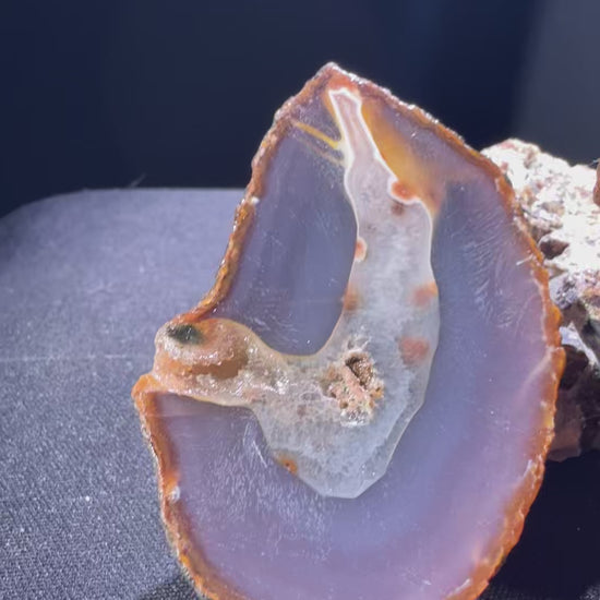 Zhanguo Agate specimen from Xuanhua, Zhangjiakou — purple-gray, orange-brown rimmed zhanguo agate with white banding, vitreous luster, translucent (7×4.3×3.85 cm), 360° rotation video — ZHA-0034
