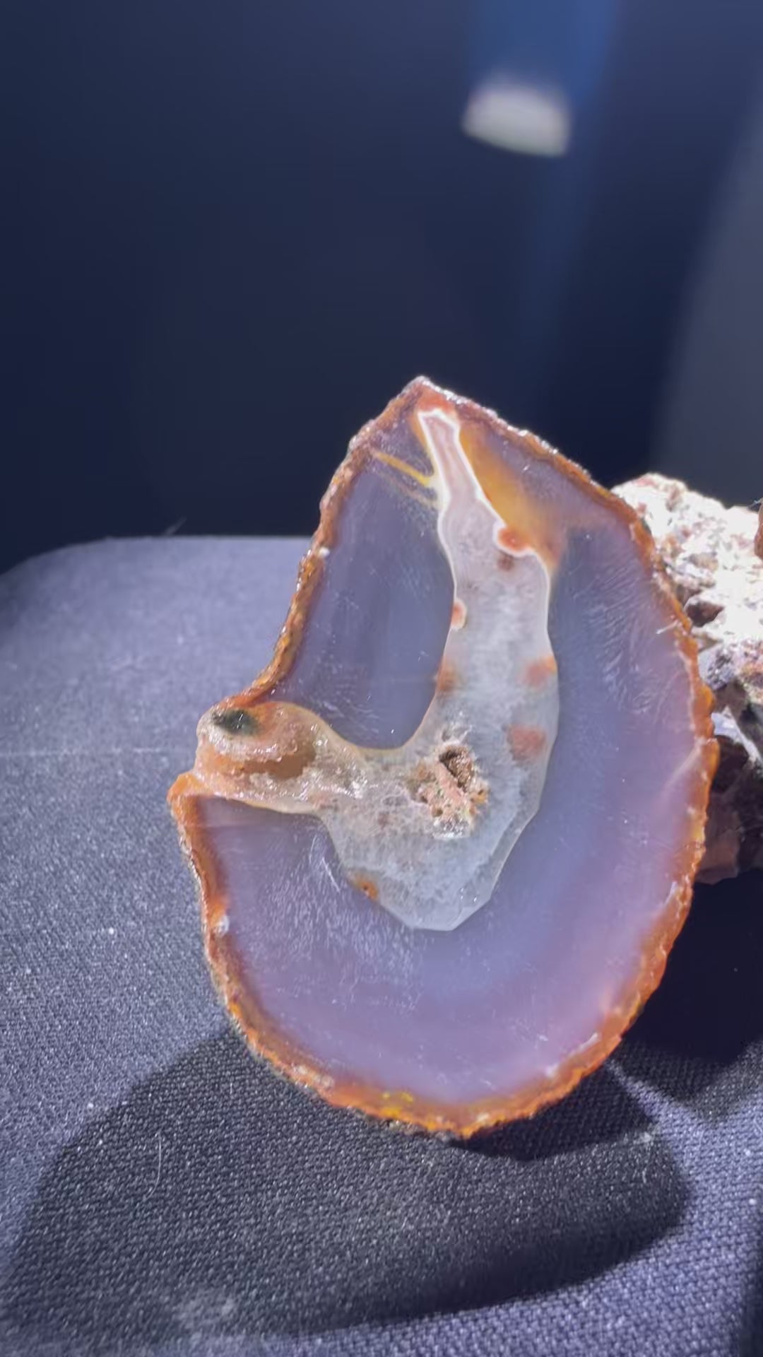 Zhanguo Agate specimen from Xuanhua, Zhangjiakou — purple-gray, orange-brown rimmed zhanguo agate with white banding, vitreous luster, translucent (7×4.3×3.85 cm), 360° rotation video — ZHA-0034