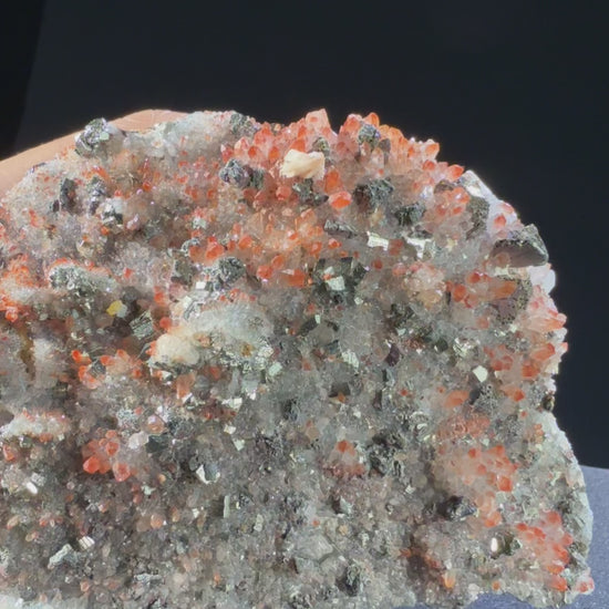 Hematite-included Quartz with Pyrite and Dolomite and Galena and Chalcopyrite specimen from huya, jiangxi — red with inclusions, vitreous luster, transparent to translucent (8.5×3.5×6.2 cm), 360° rotation video — HEM-0023