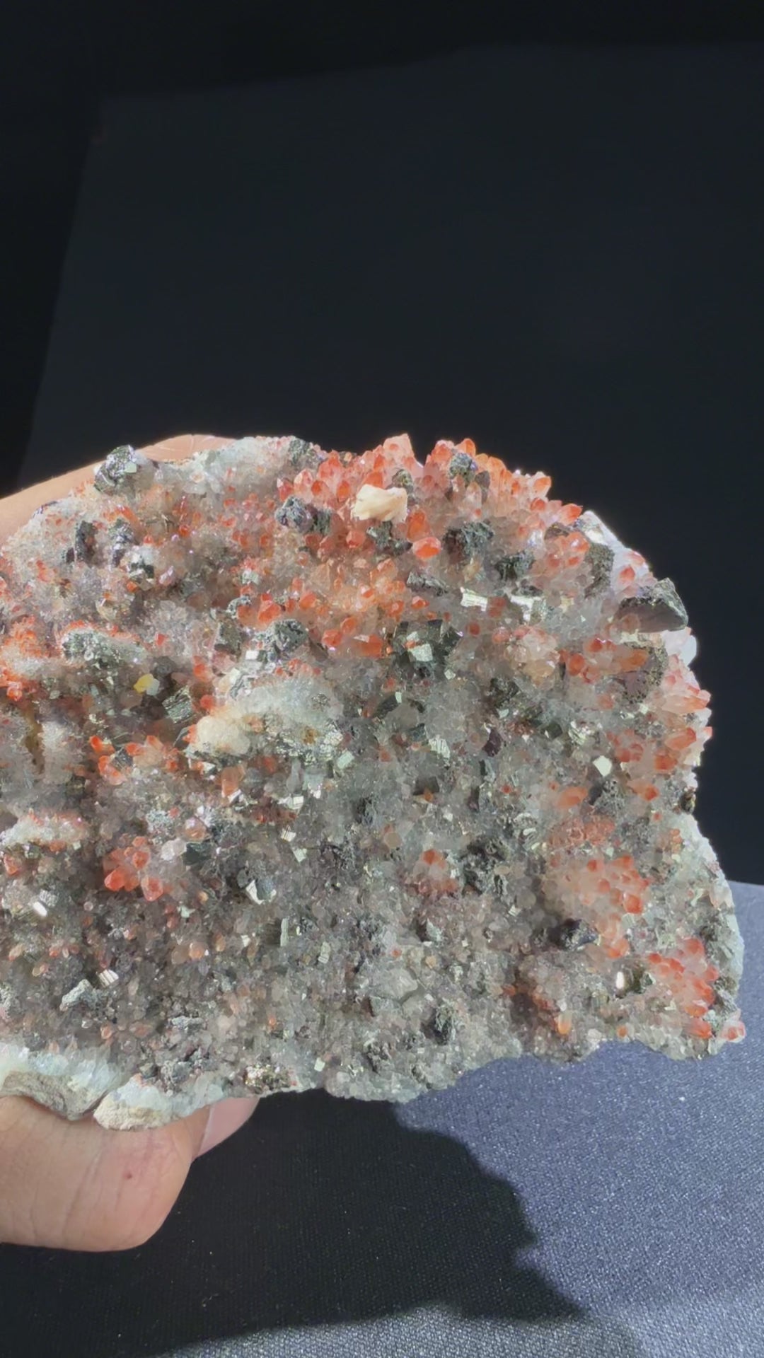 Hematite-included Quartz with Pyrite and Dolomite and Galena and Chalcopyrite specimen from huya, jiangxi — red with inclusions, vitreous luster, transparent to translucent (8.5×3.5×6.2 cm), 360° rotation video — HEM-0023