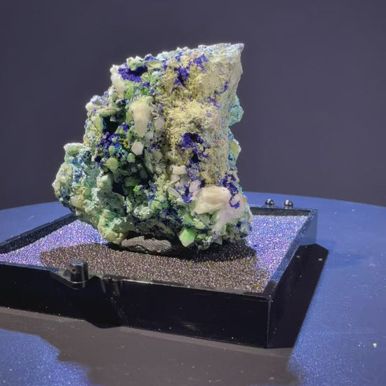 Olivenite with azurite and Quartz specimen from Dongchuan, Yunnan — olive-green olivenite with blue azurite and clear quartz, vitreous to subadamantine luster, translucent to opaque (5.5×3.5×5.0 cm), 360° rotation video — OLI-0038