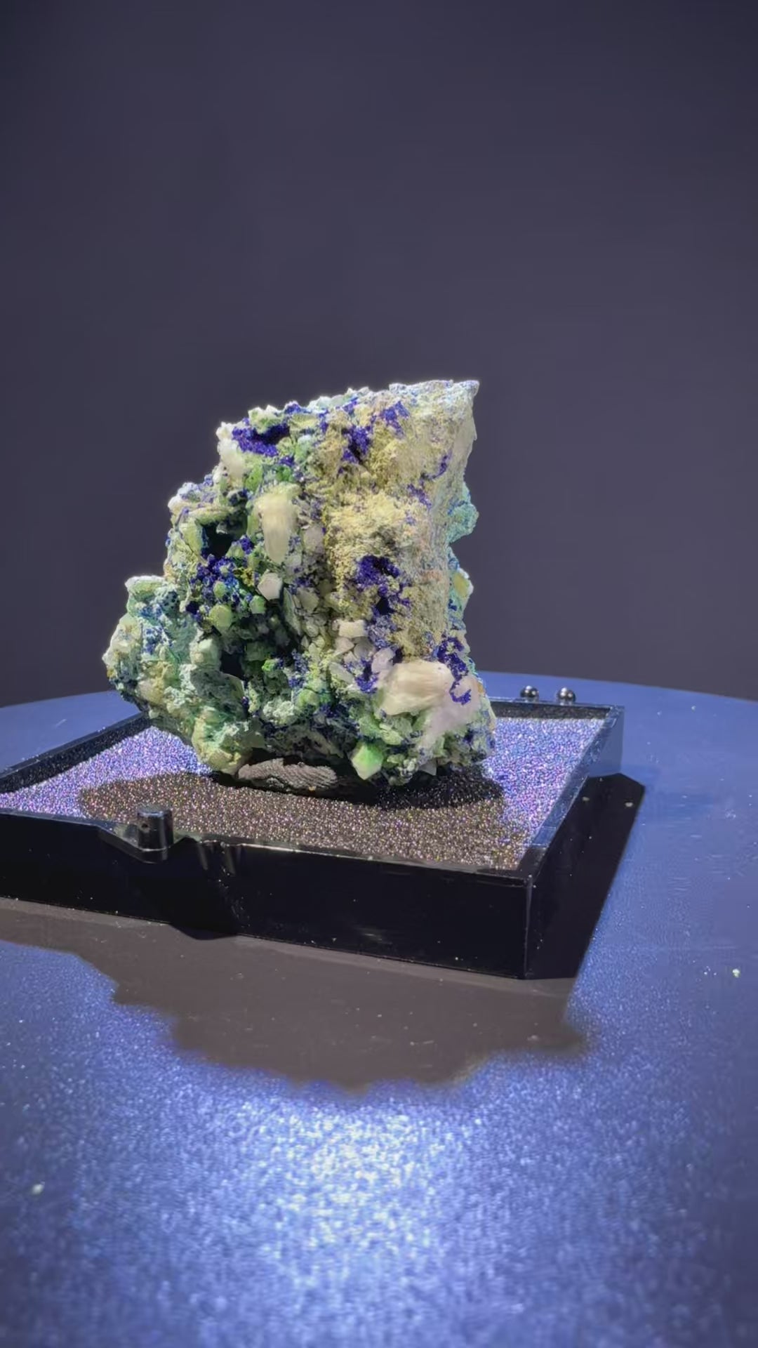 Olivenite with azurite and Quartz specimen from Dongchuan, Yunnan — olive-green olivenite with blue azurite and clear quartz, vitreous to subadamantine luster, translucent to opaque (5.5×3.5×5.0 cm), 360° rotation video — OLI-0038