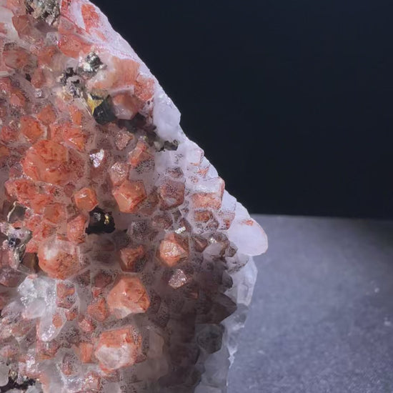 Hematite Quartz with Pyrite and Chalcopyrite specimen from huya, jiangxi — red to reddish-brown, vitreous to metallic luster, transparent to opaque (7.3×5×5.5 cm), 360° rotation video — HEM-0025