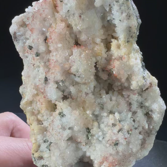 Quartz (Hematite-included) with Pyrite and Chalcopyrite specimen from huya, jiangxi — clear with reddish hematite inclusions, vitreous luster, transparent to translucent (11.5×7.8×5 cm), 360° rotation video — QUA-0030