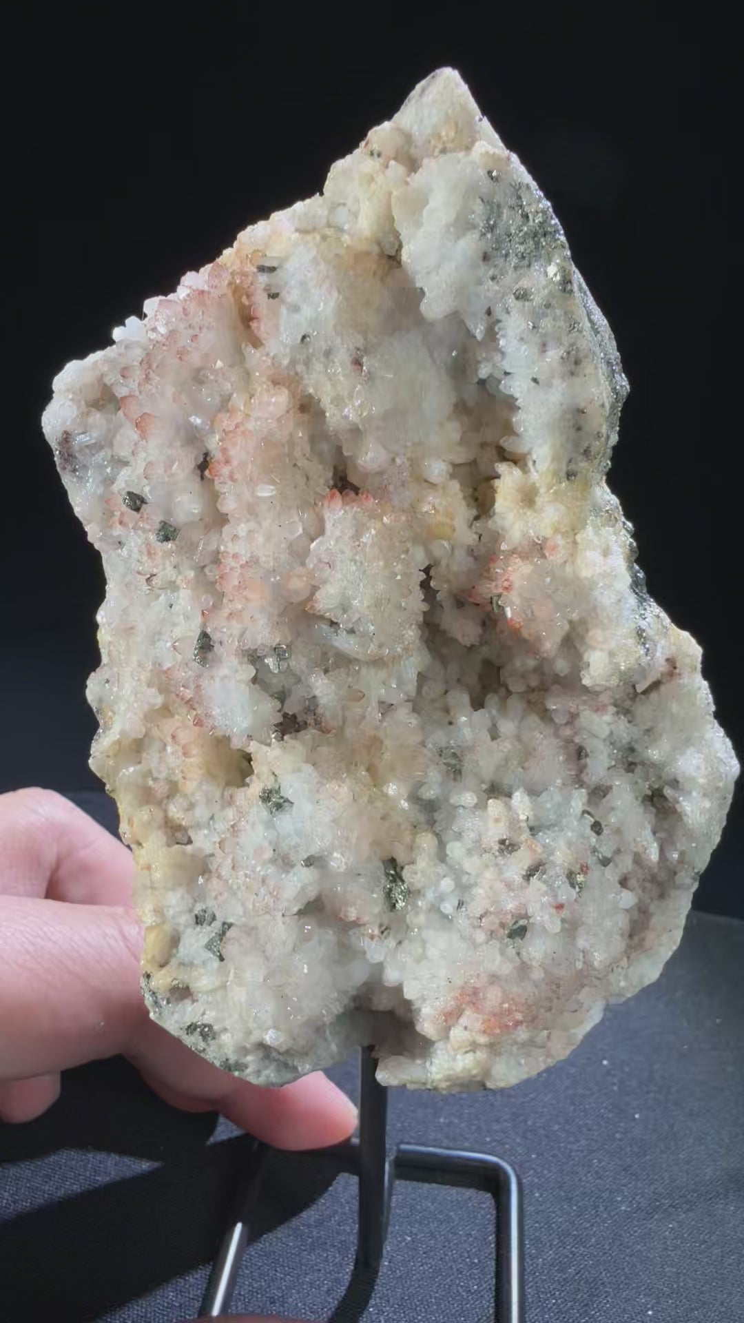 Quartz (Hematite-included) with Pyrite and Chalcopyrite specimen from huya, jiangxi — clear with reddish hematite inclusions, vitreous luster, transparent to translucent (11.5×7.8×5 cm), 360° rotation video — QUA-0030