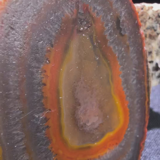 Zhanguo Agate specimen from Xuanhua, Zhangjiakou — deep orange, yellow, and gray banded zhanguo agate, vitreous luster, translucent (5.5×4.1×1.8 cm), 360° rotation video — ZHA-0033