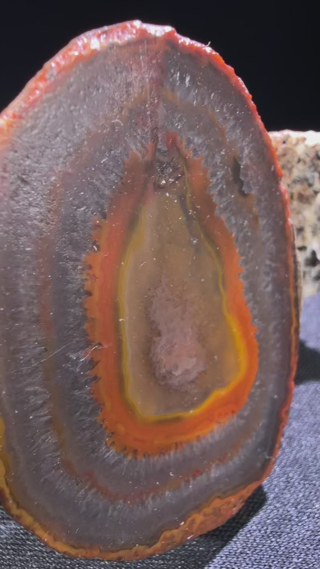 Zhanguo Agate specimen from Xuanhua, Zhangjiakou — deep orange, yellow, and gray banded zhanguo agate, vitreous luster, translucent (5.5×4.1×1.8 cm), 360° rotation video — ZHA-0033