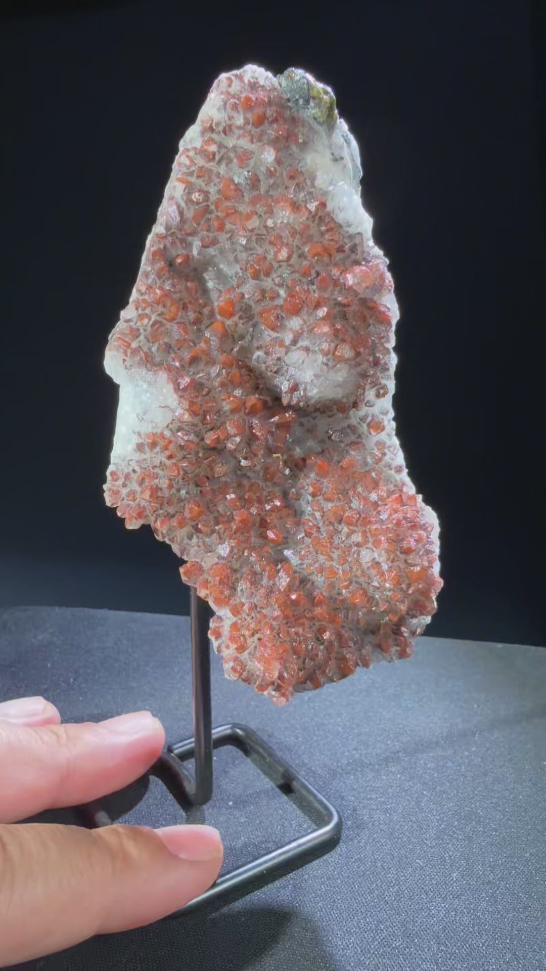 Hematite Quartz with Pyrite and Chalcopyrite specimen from huya, jiangxi — deep red-orange hematite quartz with metallic pyrite accent, vitreous (quartz), metallic (pyrite) luster, translucent to transparent (quartz), opaque (pyrite) (4.4×5..1×11 cm), 360° rotation video — HEM-0031