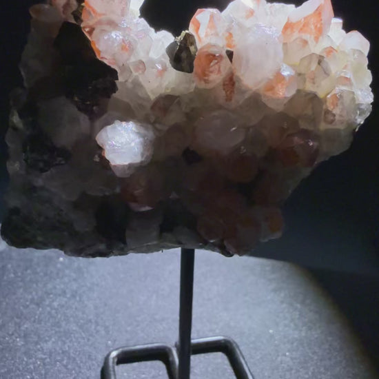 Quartz (Hematite-included) with Pyrite and Chalcopyrite specimen from huya, jiangxi — clear to white quartz with red hematite phantoms and brassy pyrite, vitreous (quartz), metallic (pyrite) luster, transparent to translucent (8.7×4×7.5 cm), 360° rotation video — QUA-0029