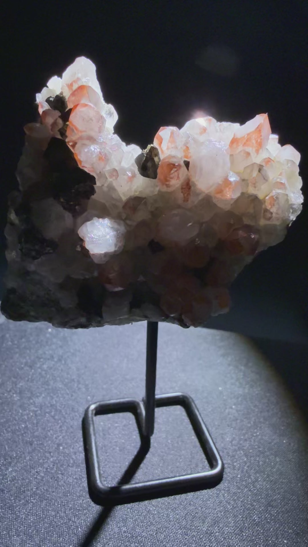 Quartz (Hematite-included) with Pyrite and Chalcopyrite specimen from huya, jiangxi — clear to white quartz with red hematite phantoms and brassy pyrite, vitreous (quartz), metallic (pyrite) luster, transparent to translucent (8.7×4×7.5 cm), 360° rotation video — QUA-0029