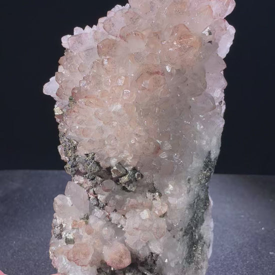 Quartz with Chalcopyrite and Pyrite specimen from huya, jiangxi — colorless to white, vitreous luster, transparent to translucent (11×4.5×5 cm), 360° rotation video — QUA-0024