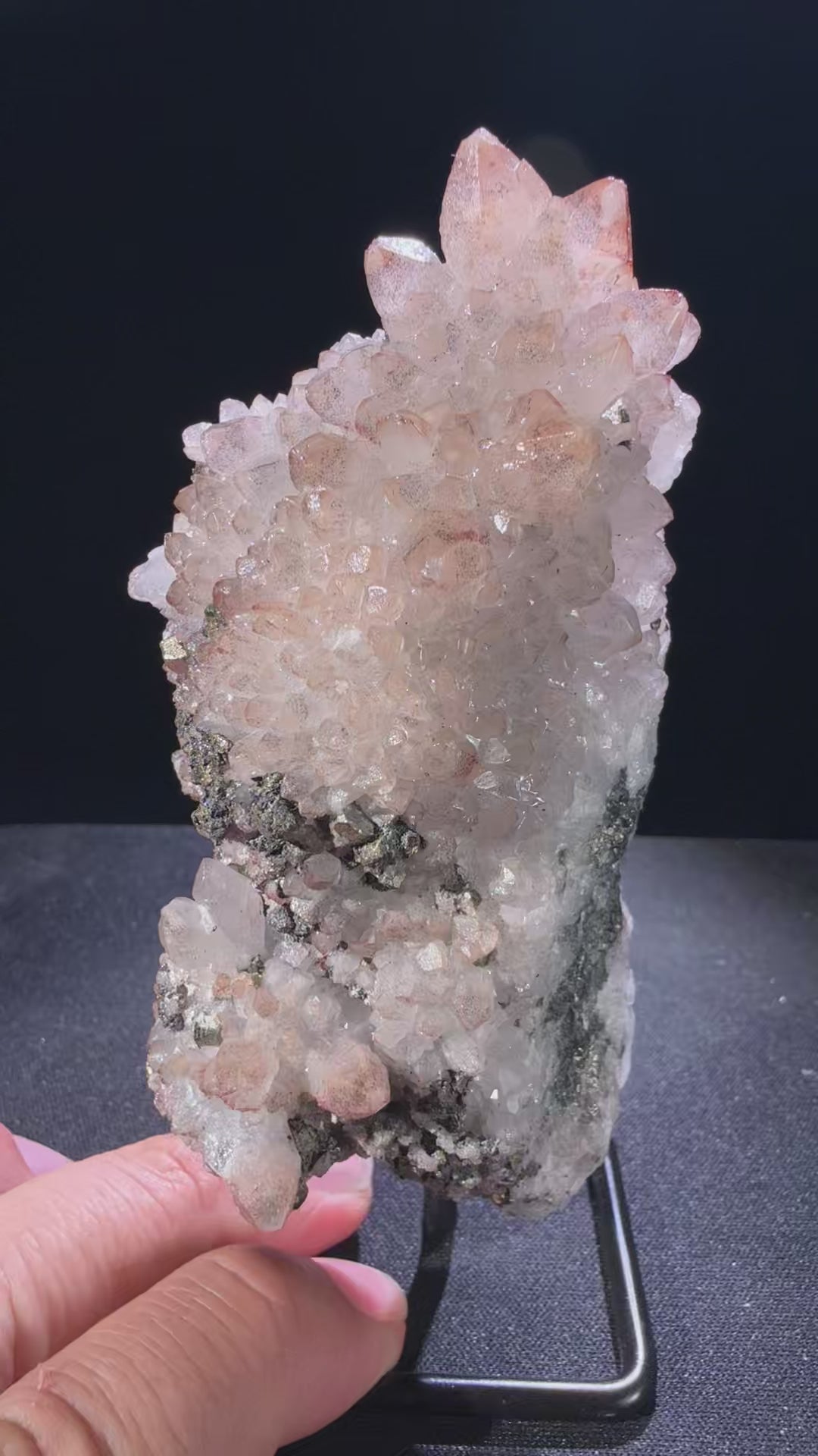Quartz with Chalcopyrite and Pyrite specimen from huya, jiangxi — colorless to white, vitreous luster, transparent to translucent (11×4.5×5 cm), 360° rotation video — QUA-0024