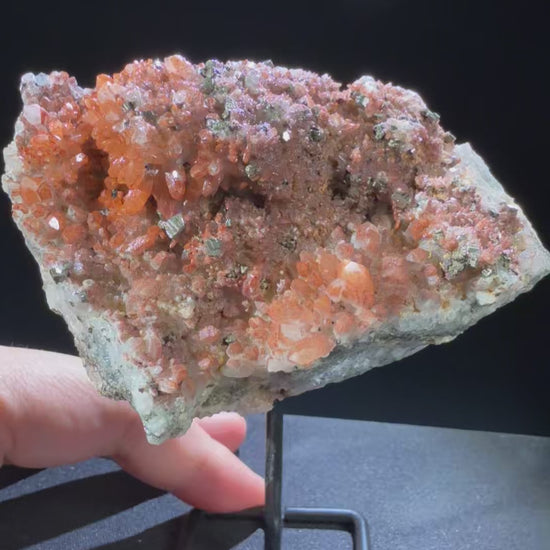 Hematite Quartz with Pyrite and Chalcopyrite specimen from huya, jiangxi — vivid orange-red hematite quartz with golden pyrite and minor chalcopyrite, vitreous (quartz), metallic (pyrite/chalcopyrite) luster, translucent to semi-transparent (quartz) (5.3×10.8×6.8 cm), 360° rotation video — HEM-0032