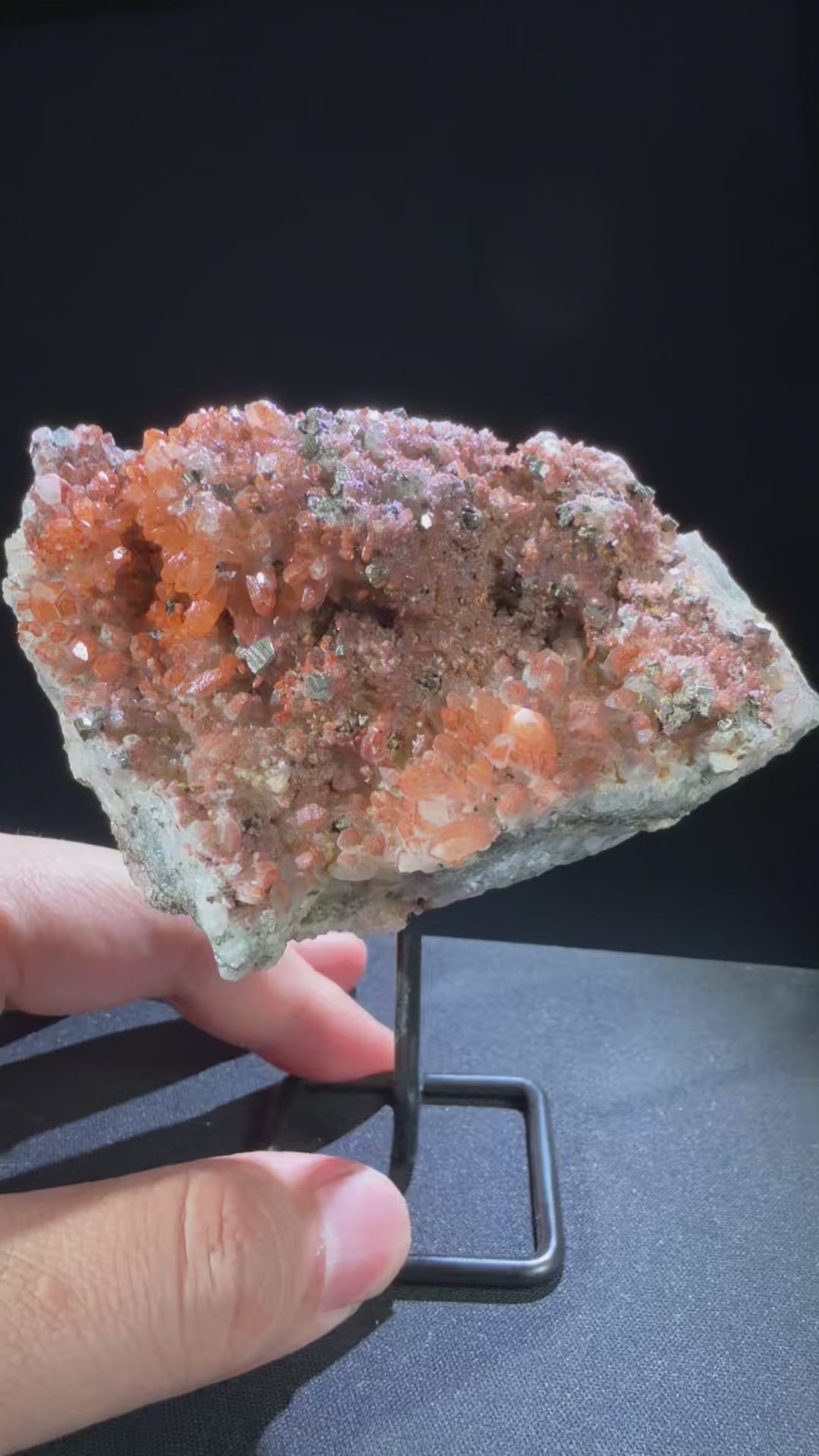 Hematite Quartz with Pyrite and Chalcopyrite specimen from huya, jiangxi — vivid orange-red hematite quartz with golden pyrite and minor chalcopyrite, vitreous (quartz), metallic (pyrite/chalcopyrite) luster, translucent to semi-transparent (quartz) (5.3×10.8×6.8 cm), 360° rotation video — HEM-0032
