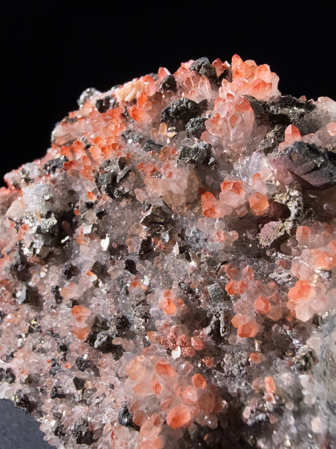Hematite-included Quartz with Pyrite and Dolomite and Galena and Chalcopyrite specimen from huya, jiangxi — red with inclusions, vitreous luster, transparent to translucent (8.5×3.5×6.2 cm), additional angle view — HEM-0023