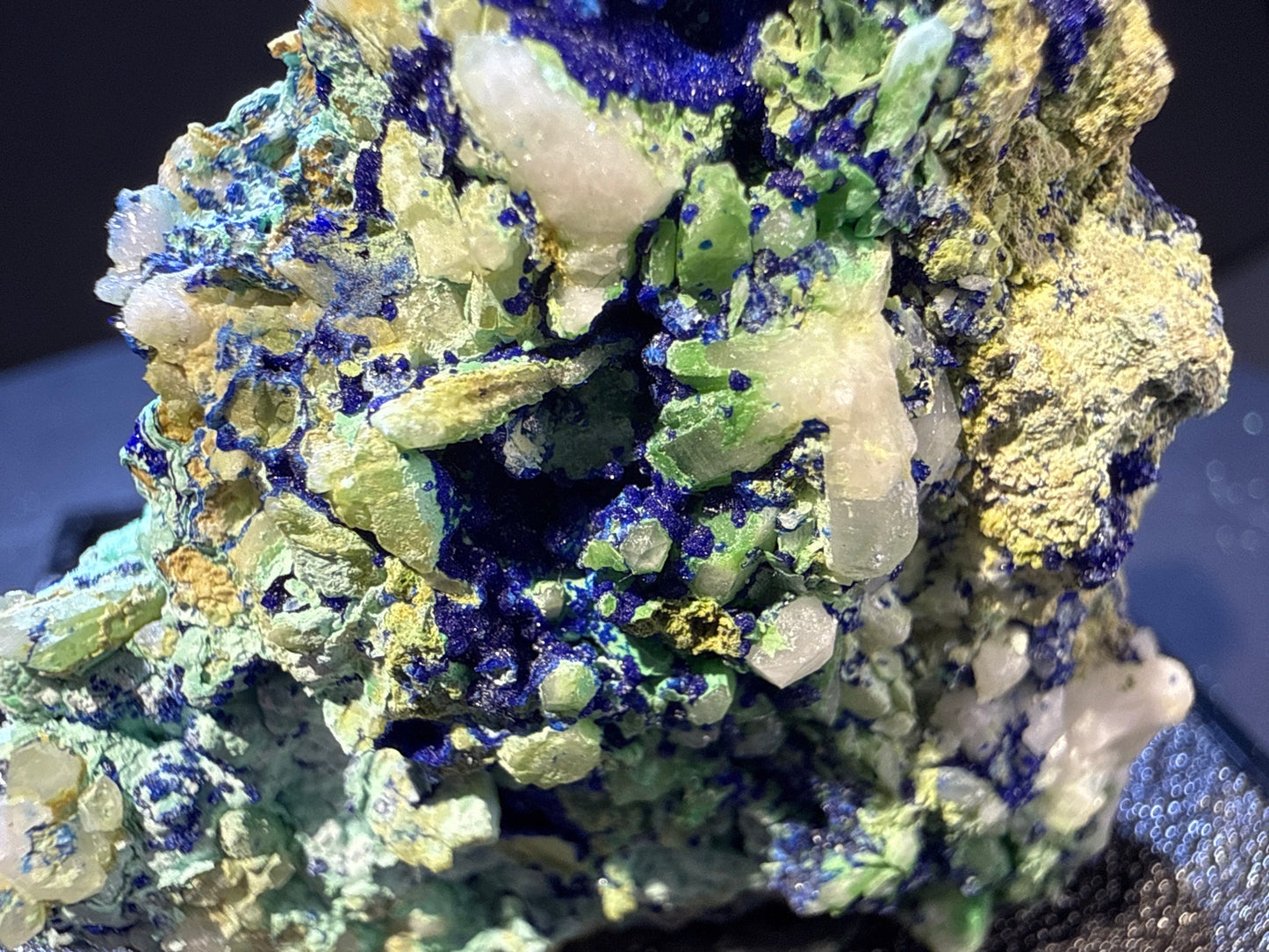 Olivenite with azurite and Quartz specimen from Dongchuan, Yunnan — olive-green olivenite with blue azurite and clear quartz, vitreous to subadamantine luster, translucent to opaque (5.5×3.5×5.0 cm), additional angle view — OLI-0038
