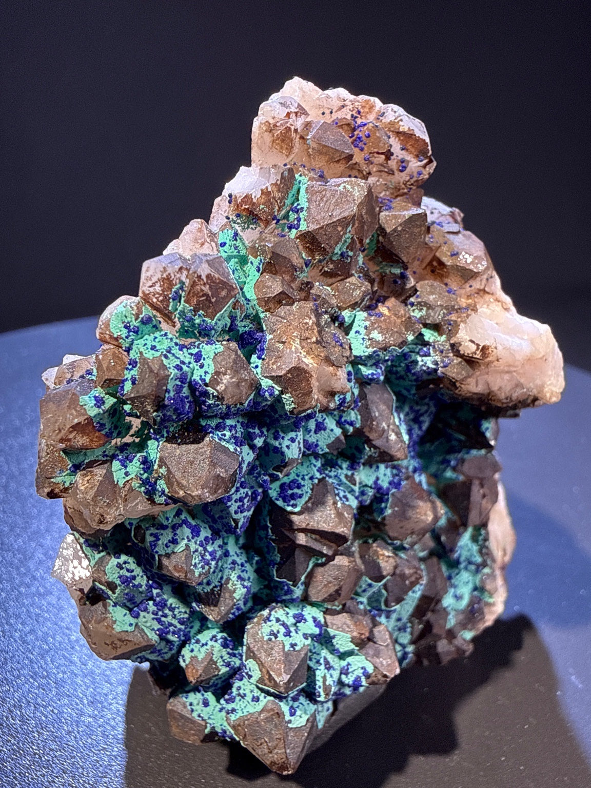 Olivenite with azurite and Quartz specimen from Dongchuan, Yunnan — olive-green olivenite with deep blue azurite on colorless quartz, vitreous to subadamantine (olivenite), vitreous (quartz), earthy (azurite) luster, olivenite: translucent; azurite: opaque to translucent microcrystalline; quartz: transparent (5.1×4.5×6.5 cm), additional angle view — OLI-0037