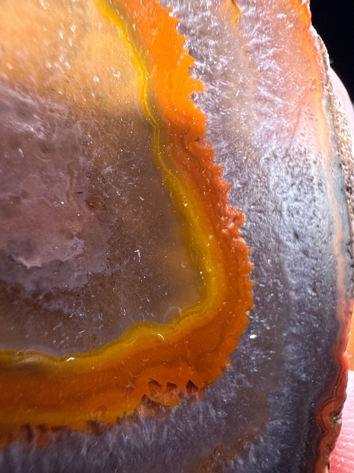 Zhanguo Agate specimen from Xuanhua, Zhangjiakou — deep orange, yellow, and gray banded zhanguo agate, vitreous luster, translucent (5.5×4.1×1.8 cm), additional angle view — ZHA-0033