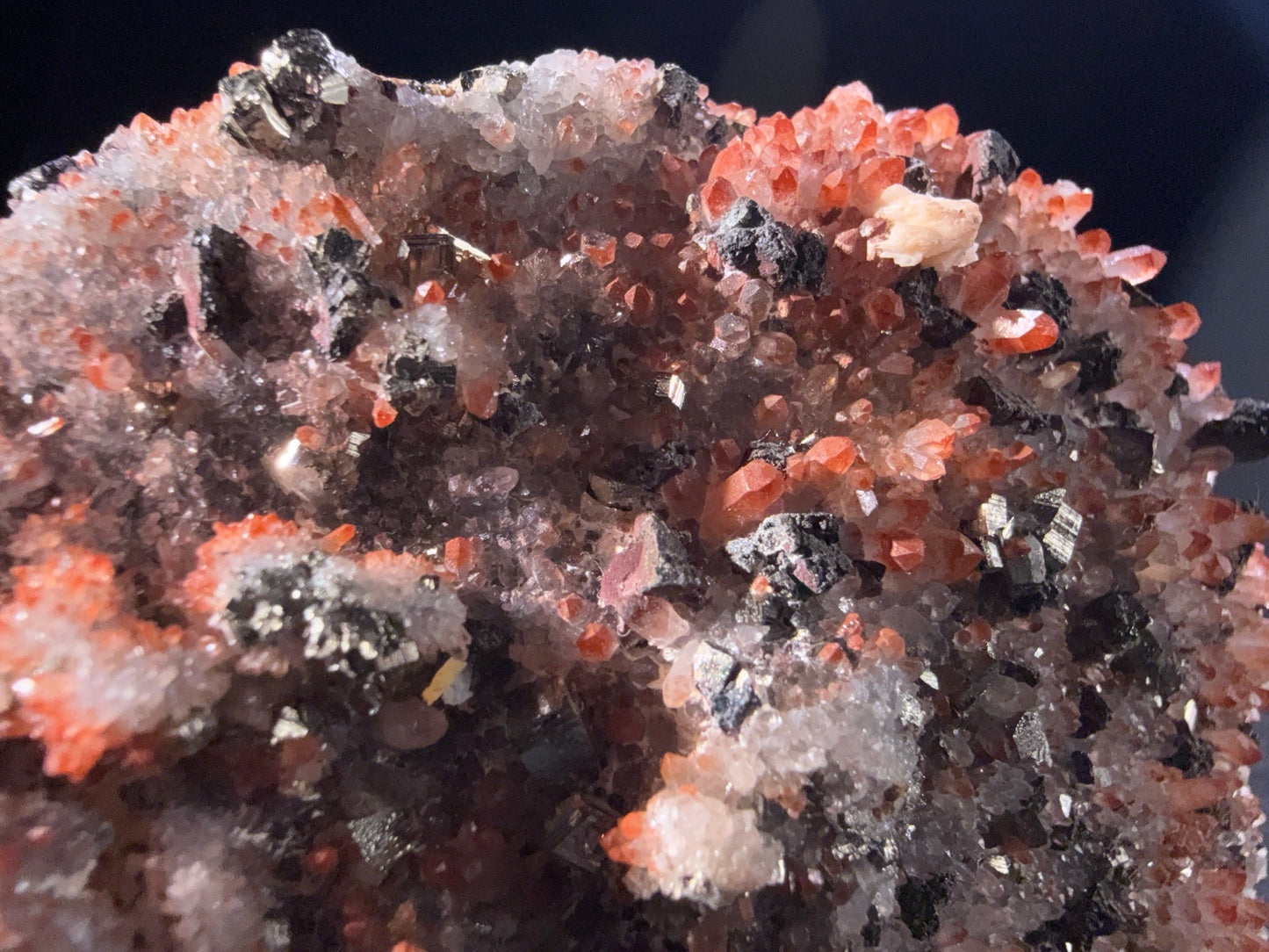 Hematite-included Quartz with Pyrite and Dolomite and Galena and Chalcopyrite specimen from huya, jiangxi — red with inclusions, vitreous luster, transparent to translucent (8.5×3.5×6.2 cm), additional angle view — HEM-0023